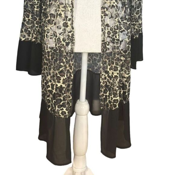 Vocal Duster Cardigan Size XL Brown Black Boho Animal Print Lace Semi Sheer - Picture 4 of 7